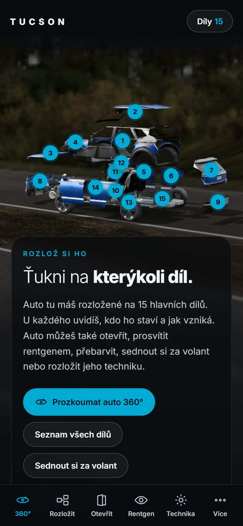 Web Rozlož si Tucson na mobilu: rozložené auto s očíslovanými díly
