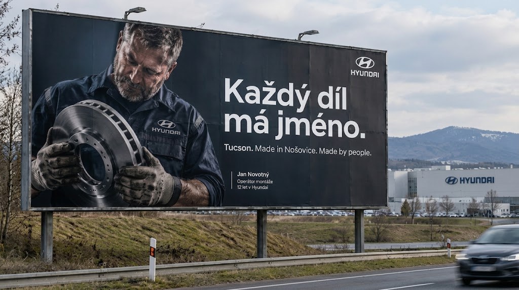 Billboard u silnice u závodu: Jan Novotný s brzdovým kotoučem